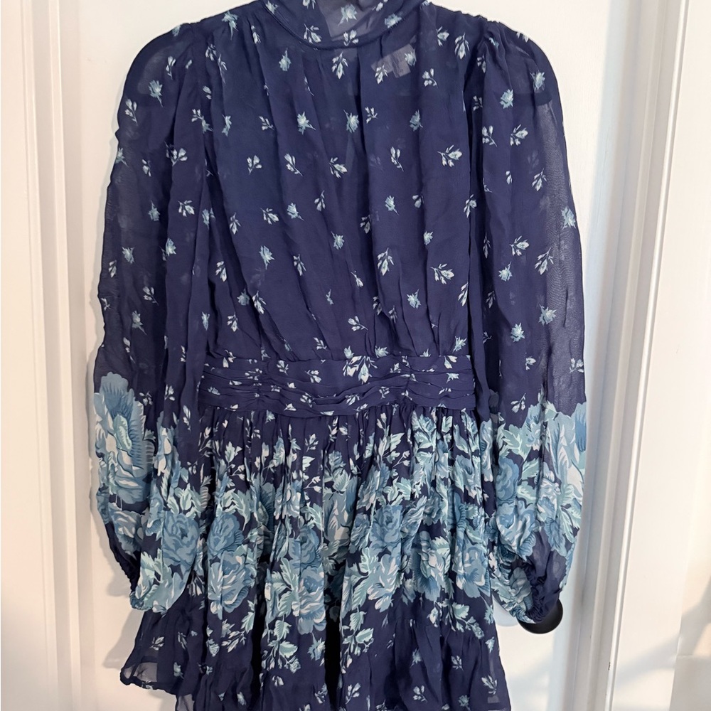 Anthropologie Navy Floral High-Neck Mini Dress with Pleated Skirt